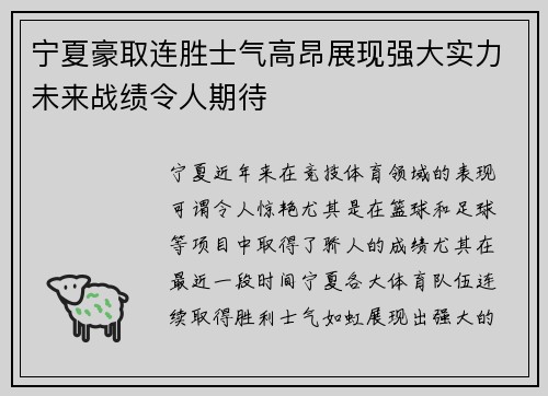 宁夏豪取连胜士气高昂展现强大实力未来战绩令人期待