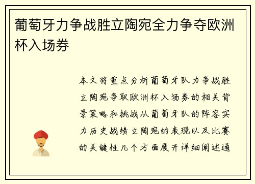 葡萄牙力争战胜立陶宛全力争夺欧洲杯入场券