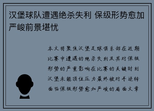 汉堡球队遭遇绝杀失利 保级形势愈加严峻前景堪忧