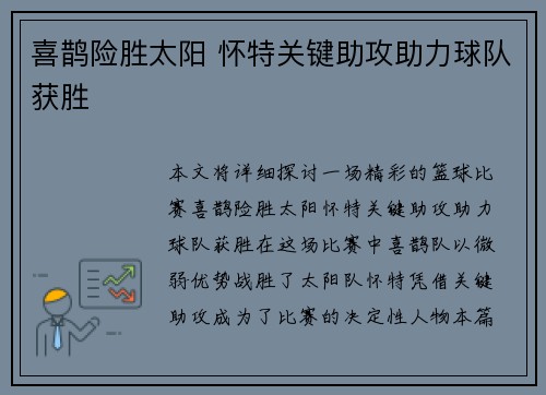 喜鹊险胜太阳 怀特关键助攻助力球队获胜