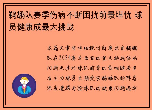 鹈鹕队赛季伤病不断困扰前景堪忧 球员健康成最大挑战