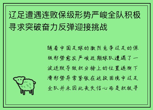辽足遭遇连败保级形势严峻全队积极寻求突破奋力反弹迎接挑战